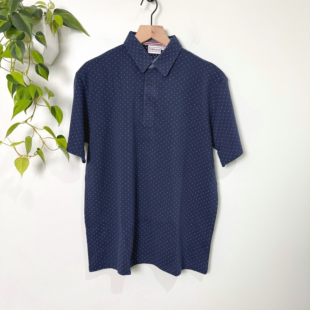 Smash Mens Navy Blue Polka Dot Short Sleeve Pique Polo Shirt Medium NWT
